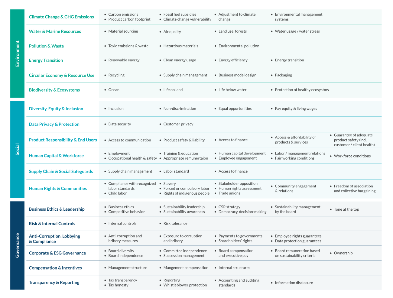 Example environmental, social and governance topics